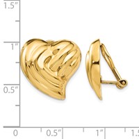 14K 18mm Yellow Gold Striped Heart Omega Back Non-pierced Earrings view 4