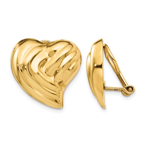 14K 18mm Yellow Gold Striped Heart Omega Back Non-pierced Earrings