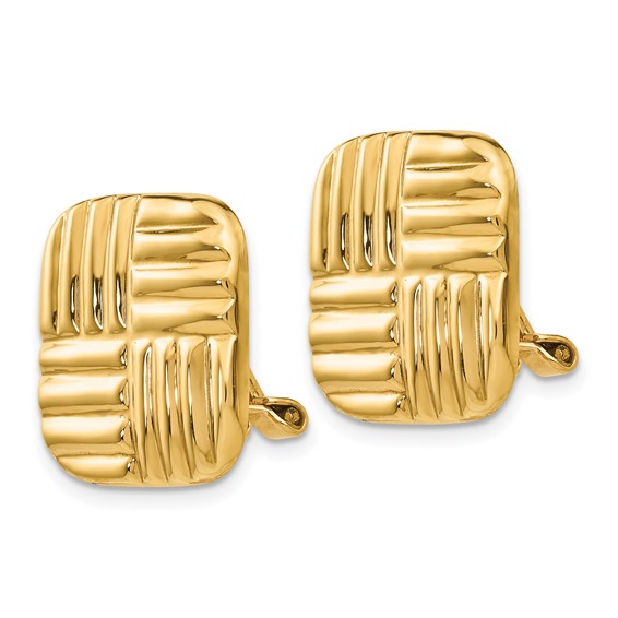 14k 16mm Square Basketweave Omega Back Non-pierced Earrings
