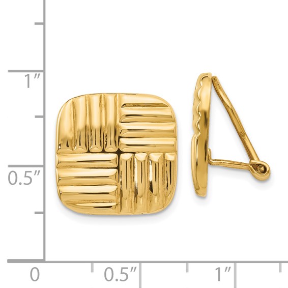 14k 16mm Square Basketweave Omega Back Non-pierced Earrings