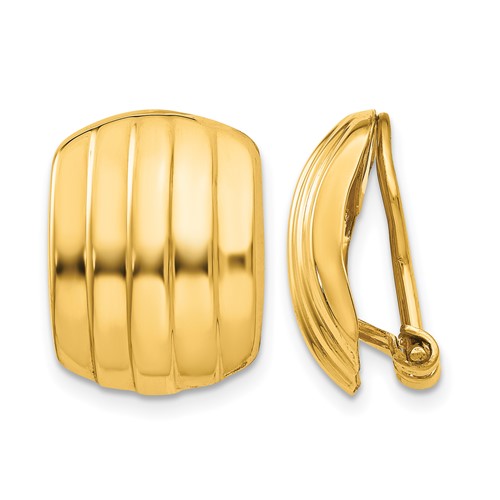 14K Yellow Gold 12x 17mm Polished Ribbed Omega Back Non-pierced Earrings