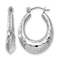 14K White Gold Polished Hammered Hoop Earrings view 1