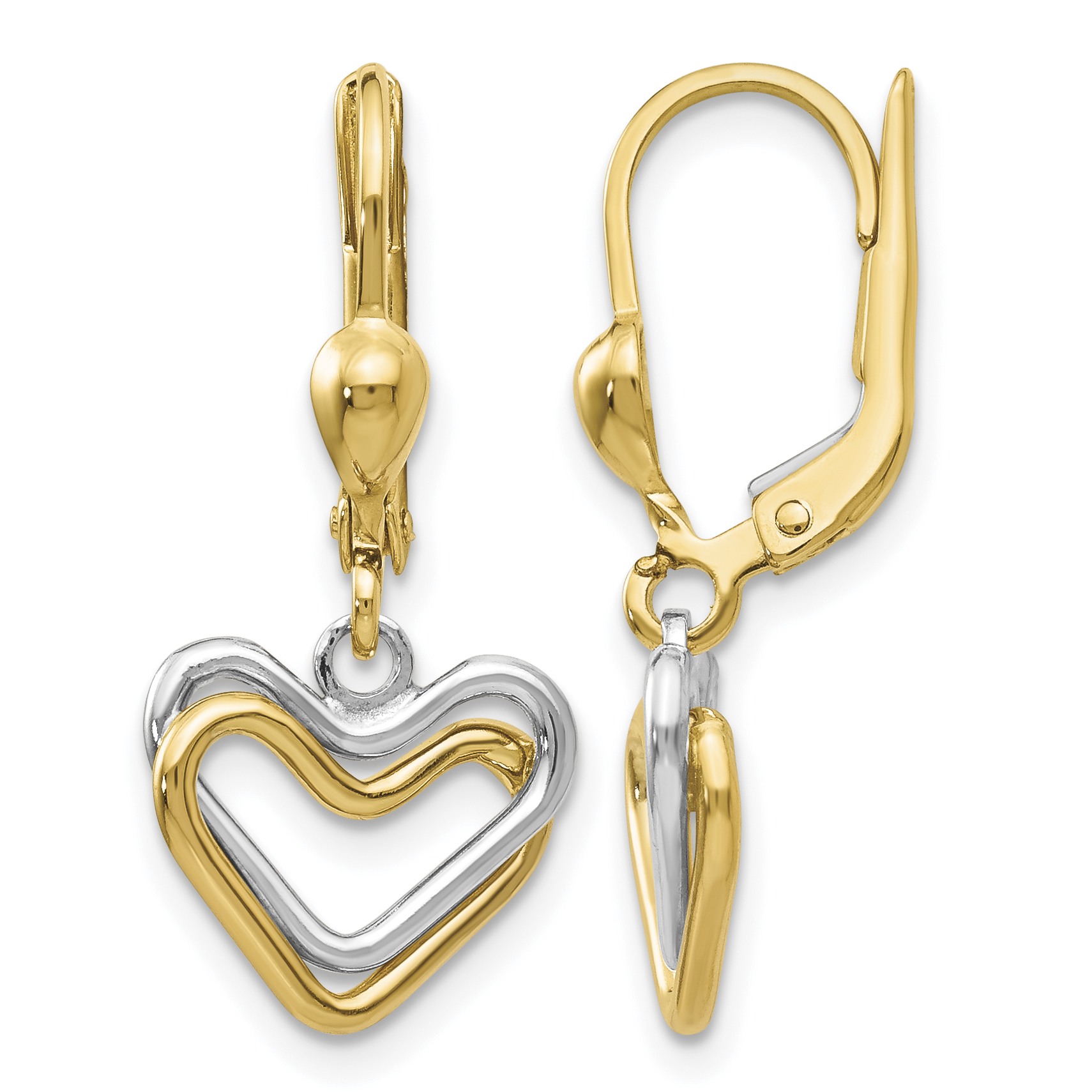14k Two-tone Heart Leverback Dangle Earrings (H809)