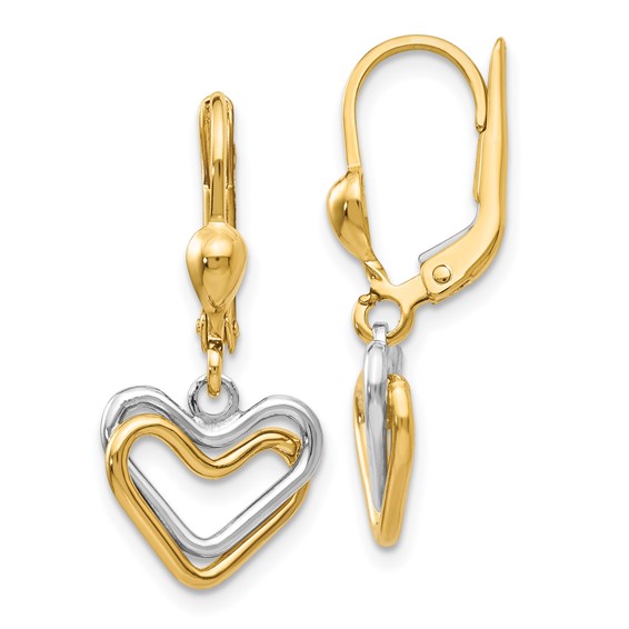 14k Two-tone Open Heart Dangle Leverback Earrings