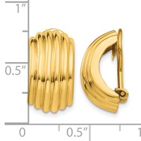 14K Yellow Gold 9.5x 16mm Polished Ribbed Half Hoop Omega Back Non-pierced Earrings view 4