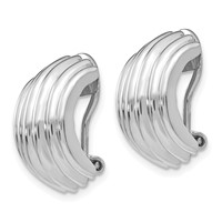 14K White Gold 9.5x 16mm Polished Ribbed Half Hoop Omega Back Non-pierced Earrings view 2