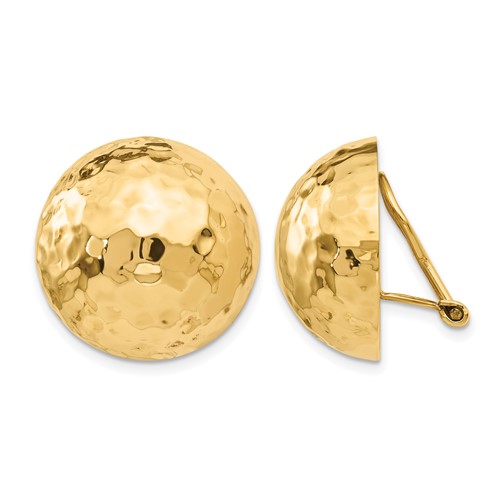 14K 20mm Yellow Gold Hammered Half Ball Omega Back Non-pierced Earrings
