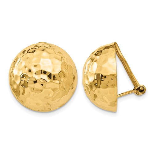 14K 18mm Yellow Gold Hammered Half Ball Omega Back Non-pierced Earrings