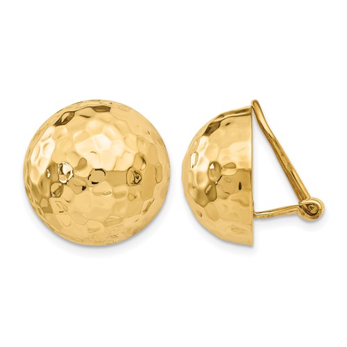 14K 16mm Yellow Gold Hammered Half Ball Omega Back Non-pierced Earrings
