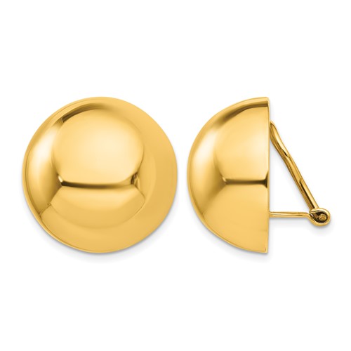 14K 20mm Yellow Gold Polished Half Ball Omega Back Non-pierced Earrings
