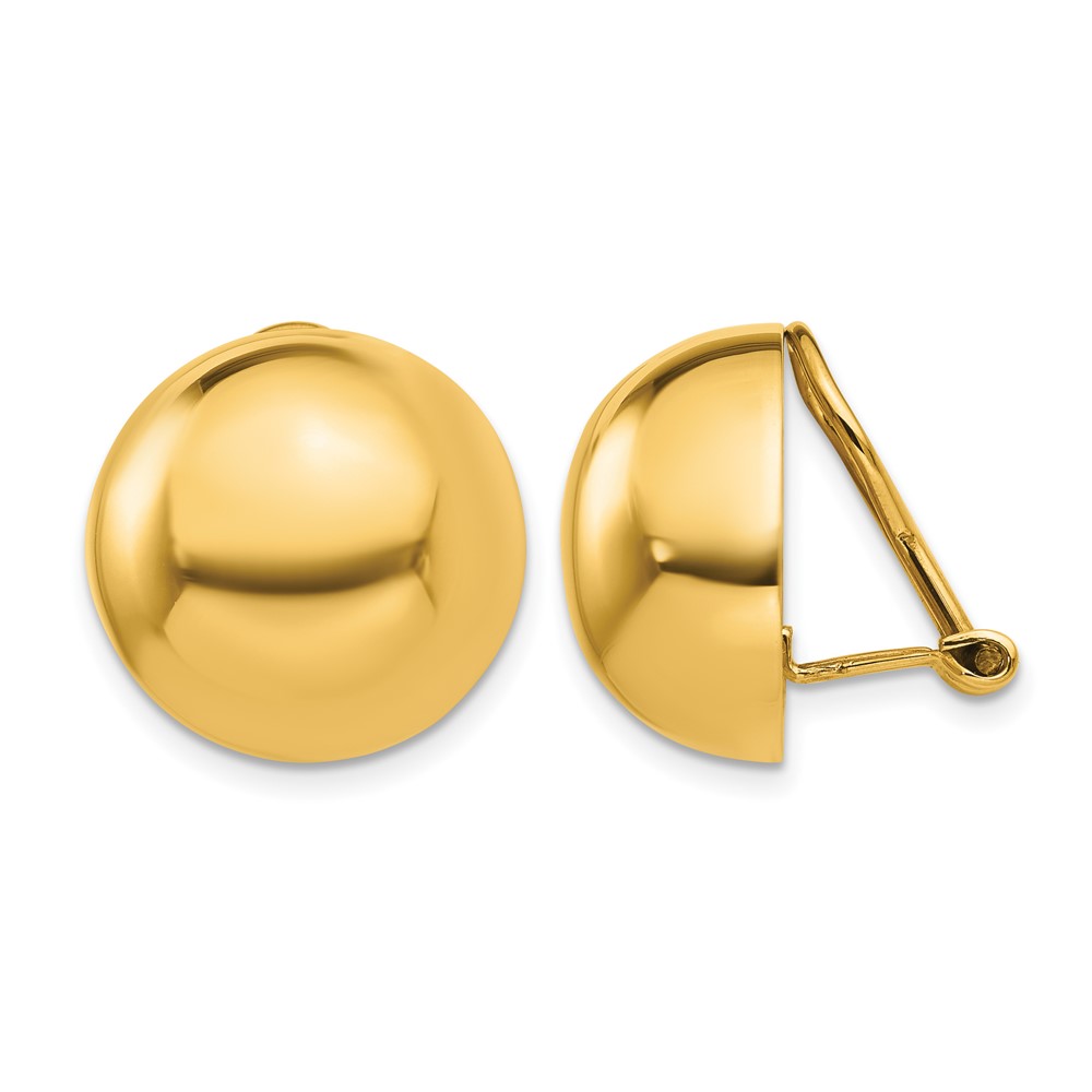 14K 16mm Yellow Gold Polished Half Ball Omega Back Non-pierced Earrings