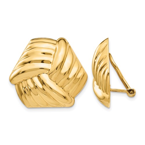 14K 21mm Yellow Gold Ribbed Design Omega Back Non-pierced Earrings