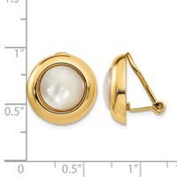 14K Yellow Gold Omega Clip Mother of Pearl Cabochon 16mm Non-pierced Earrings view 4