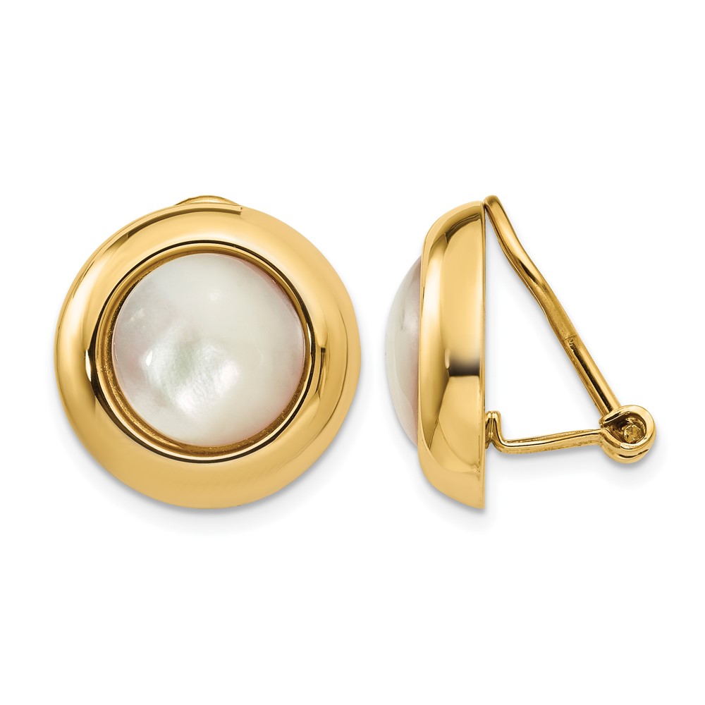 14K Yellow Gold Omega Clip Mother of Pearl Cabochon 16mm Non-pierced Earrings