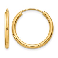14K Yellow Gold 2x 20mm Polished Round Endless Tube Hoop Earrings view 1