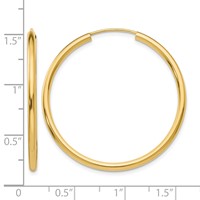 14K Yellow Gold 2x 35mm Polished Round Endless Tube Hoop Earrings view 4