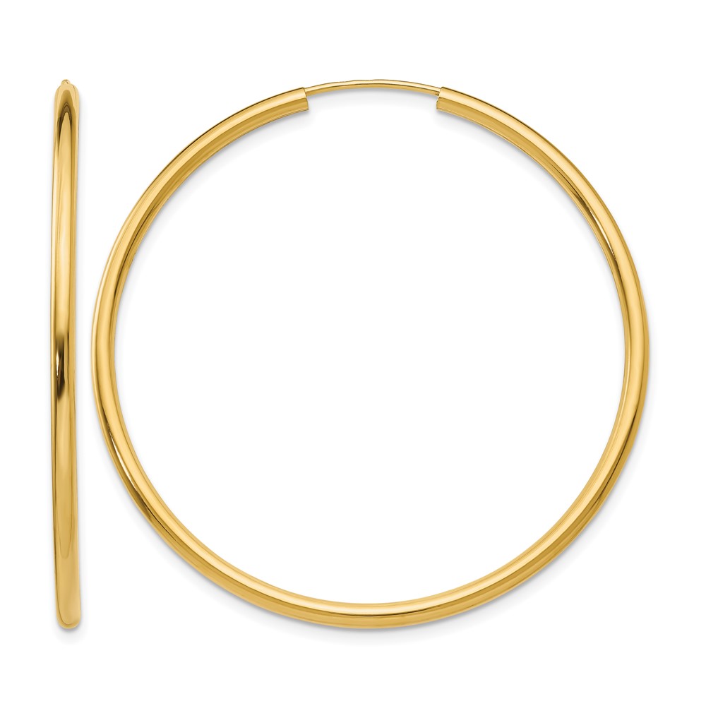 14K Yellow Gold 2x 45mm Polished Round Endless Tube Hoop Earrings