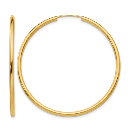 14K Yellow Gold 2x 45mm Polished Round Endless Tube Hoop Earrings