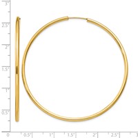 14K Yellow Gold 2x 60mm Polished Round Endless Tube Hoop Earrings view 4