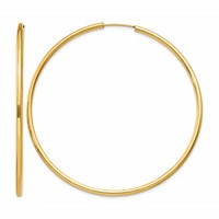 14K Yellow Gold 2x 60mm Polished Round Endless Tube Hoop Earrings view 1