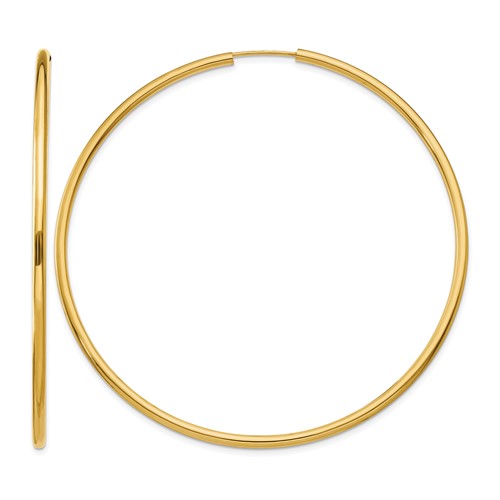 14K Yellow Gold 2x 65mm Polished Round Endless Tube Hoop Earrings
