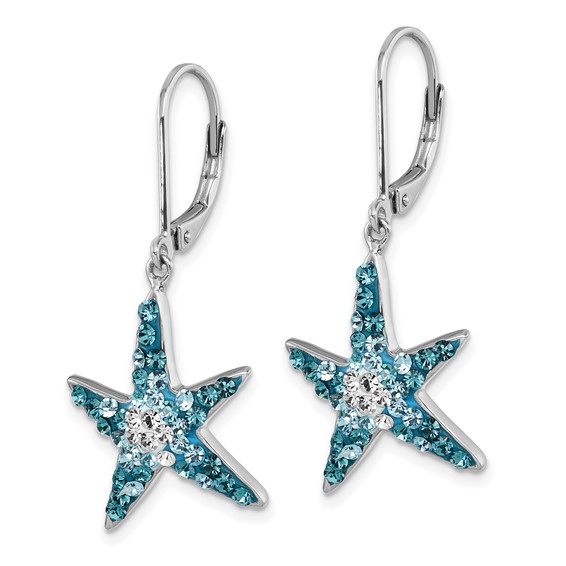 Sterling Silver Rhodium-Plated Polished Blue and White Crystal Starfish Leverback Earrings