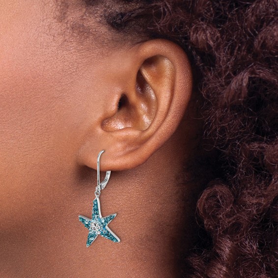 Sterling Silver Rhodium-Plated Polished Blue and White Crystal Starfish Leverback Earrings