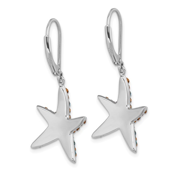 Sterling Silver Rhodium-Plated Polished Blue and White Crystal Starfish Leverback Earrings