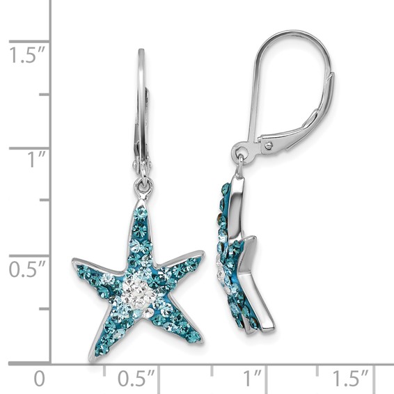 Sterling Silver Rhodium-Plated Polished Blue and White Crystal Starfish Leverback Earrings