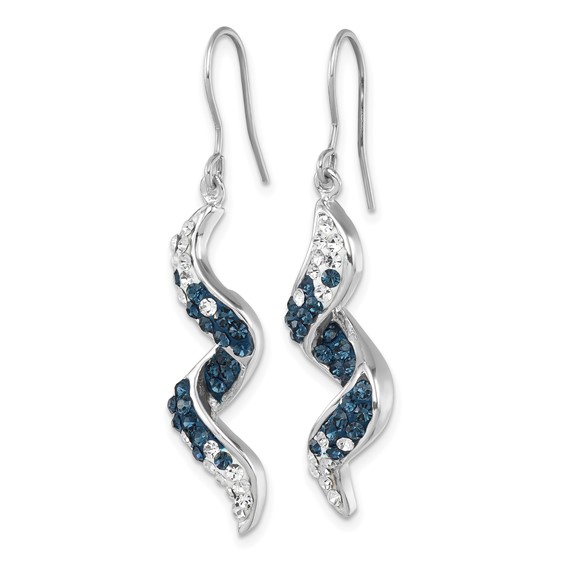 Sterling Silver Rhodium-Plated Polished Long Twirl White and Blue Crystal Wave Dangle Earrings