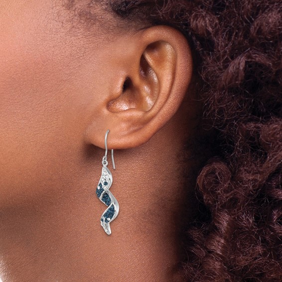 Sterling Silver Rhodium-Plated Polished Long Twirl White and Blue Crystal Wave Dangle Earrings