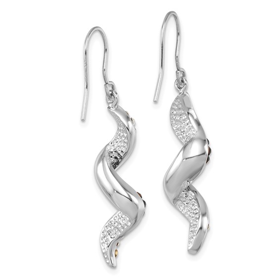 Sterling Silver Rhodium-Plated Polished Long Twirl White and Blue Crystal Wave Dangle Earrings
