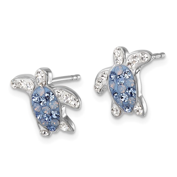Sterling Silver Rhodium-plated Polished Blue and White Crystal Turtle Post Earrings