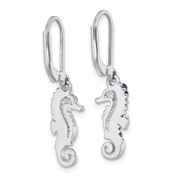 Sterling Silver Rhodium-plated Polished Blue Crystal Seahorse Dangle Earrings
