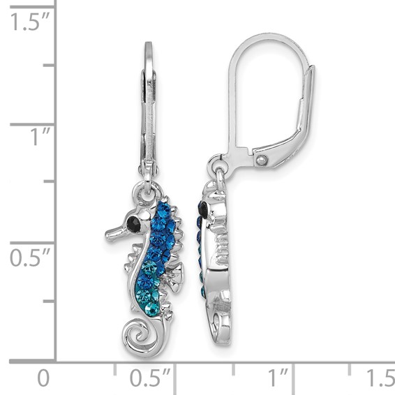 Sterling Silver Rhodium-plated Polished Blue Crystal Seahorse Dangle Earrings