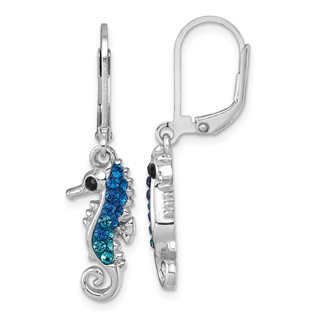 Sterling Silver Rhodium-plated Polished Blue Crystal Seahorse Dangle Earrings
