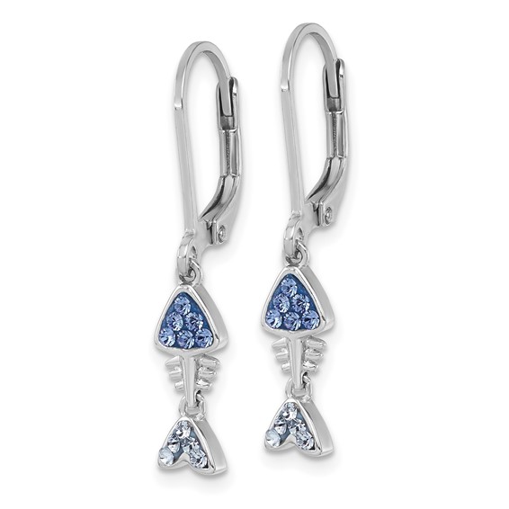 Sterling Silver Rhodium-plated Polished Blue Crystal Bonefish Dangle Earrings
