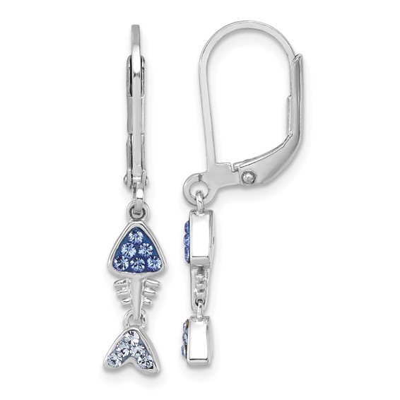 Sterling Silver Rhodium-plated Polished Blue Crystal Bonefish Dangle Earrings