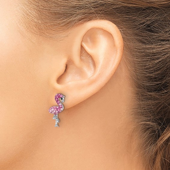 Sterling Silver Rhodium-plated Polished Pink Crystal Flamingo Post Earrings