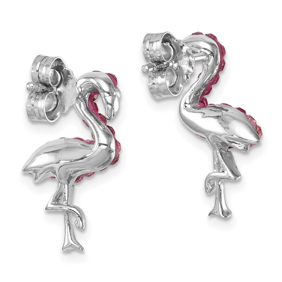 Sterling Silver Rhodium-plated Polished Pink Crystal Flamingo Post Earrings