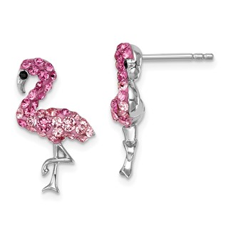 Sterling Silver Rhodium-plated Polished Pink Crystal Flamingo Post Earrings