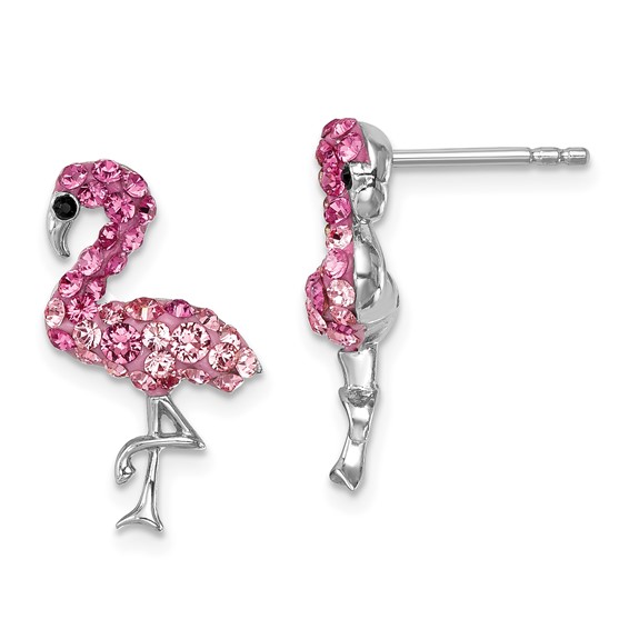 Sterling Silver Rhodium-plated Polished Pink Crystal Flamingo Post Earrings