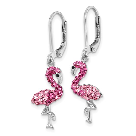 Sterling Silver Rhodium-plated Polished Pink Crystal Flamingo Leverback Earrings