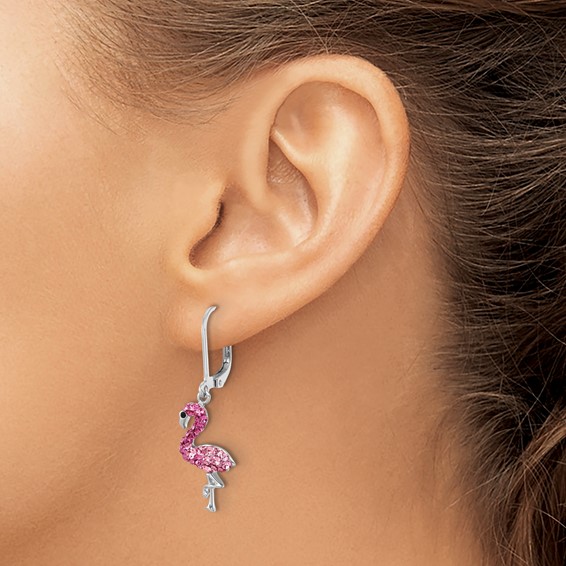 Sterling Silver Rhodium-plated Polished Pink Crystal Flamingo Leverback Earrings