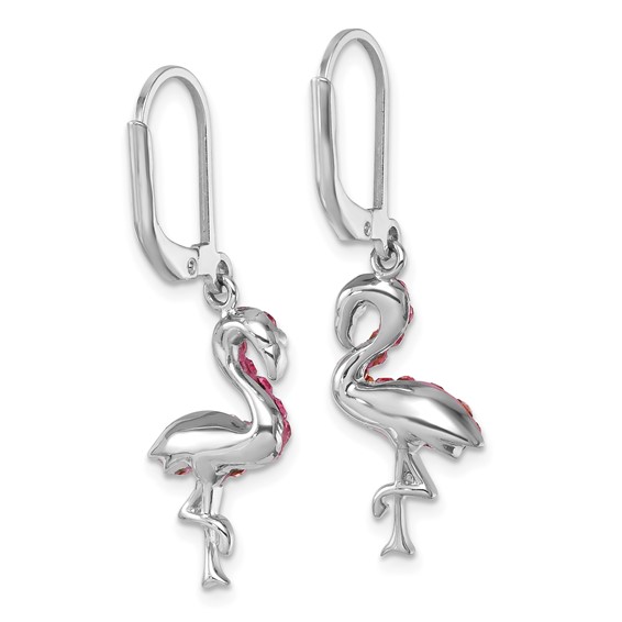 Sterling Silver Rhodium-plated Polished Pink Crystal Flamingo Leverback Earrings