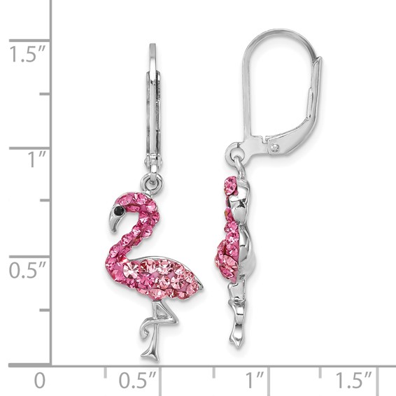Sterling Silver Rhodium-plated Polished Pink Crystal Flamingo Leverback Earrings