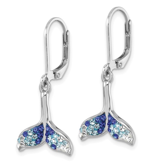 Sterling Silver Rhodium-Plated Polished Blue and White Crystal Whale Tail Dangle Leverback Earrings
