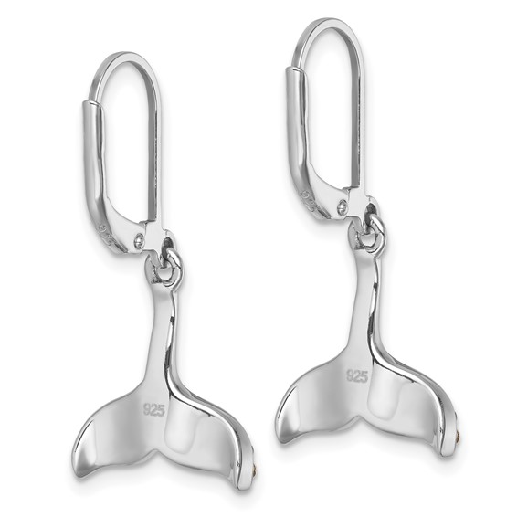 Sterling Silver Rhodium-Plated Polished Blue and White Crystal Whale Tail Dangle Leverback Earrings