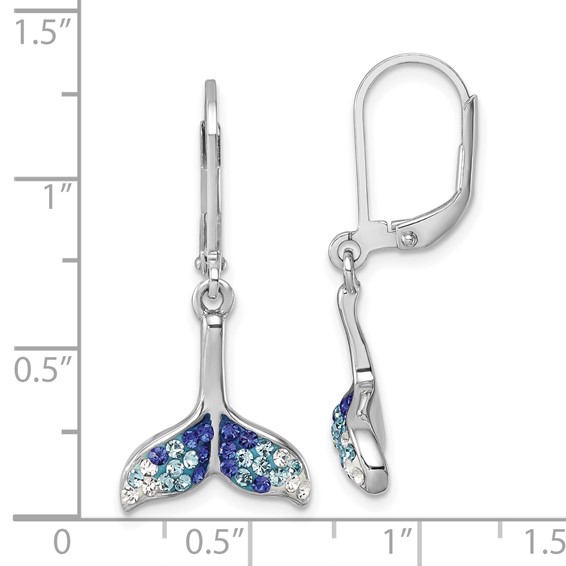 Sterling Silver Rhodium-Plated Polished Blue and White Crystal Whale Tail Dangle Leverback Earrings