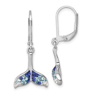 Sterling Silver Rhodium-Plated Polished Blue and White Crystal Whale Tail Dangle Leverback Earrings